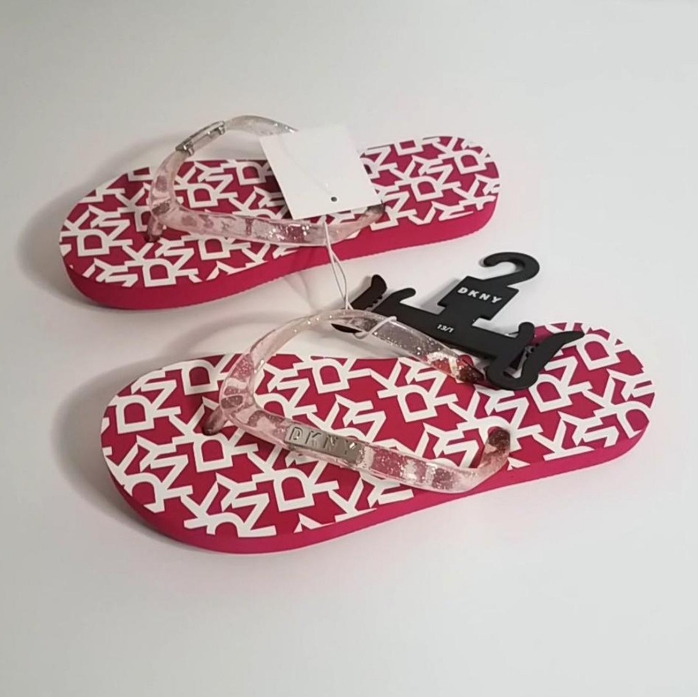 DKNY Zoey Girl's Pink Glitter Logo Flip Flop Sandals - Picture 3 of 7